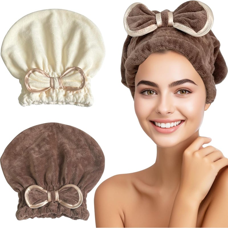 Jseng Microfiber Hair Towel Caps for Women with Cute Bowtie, 2Packs Fast Drying Hair Towel Caps for Curly Long Wet Hair Anti Frizz - Image 1